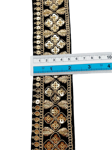Velvet Fabric Sari Border Trim With Gold Sequins Embroidery, Trim By 9 Yards, Decorative Trimming